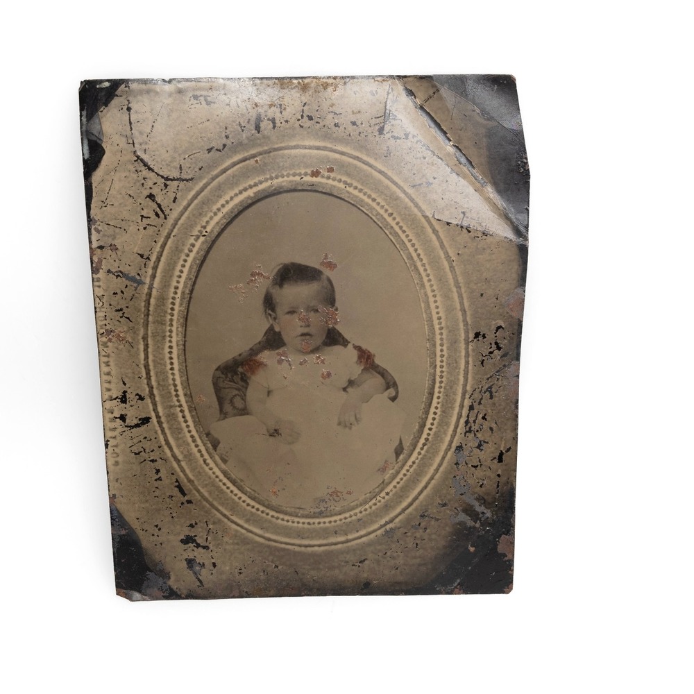 Antique Victorian Tintype Photograph Of Baby Portrait 19th Century 6.5" x 8.25"